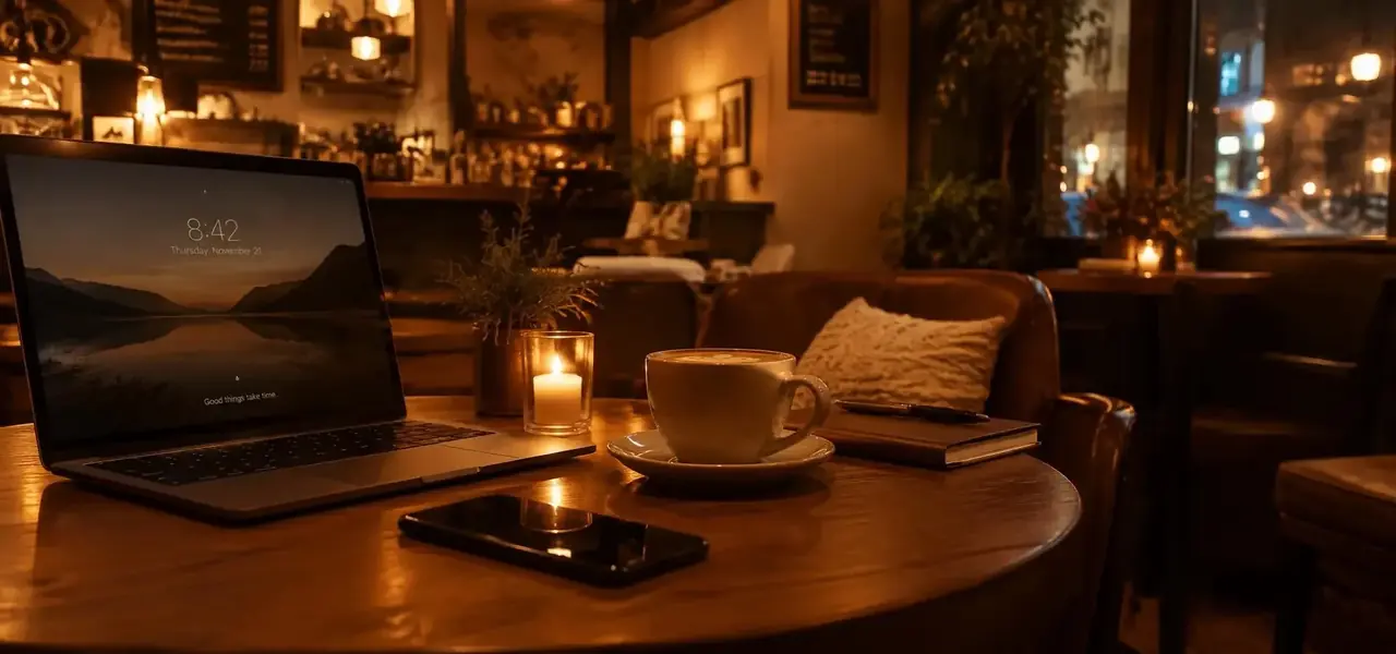 在咖啡馆用手机观看看短剧的网站的场景